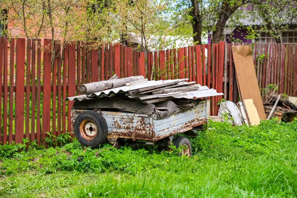 A rusty old truck sits in a yard beside a red fence, illustrating neglect in backyard cleanup.