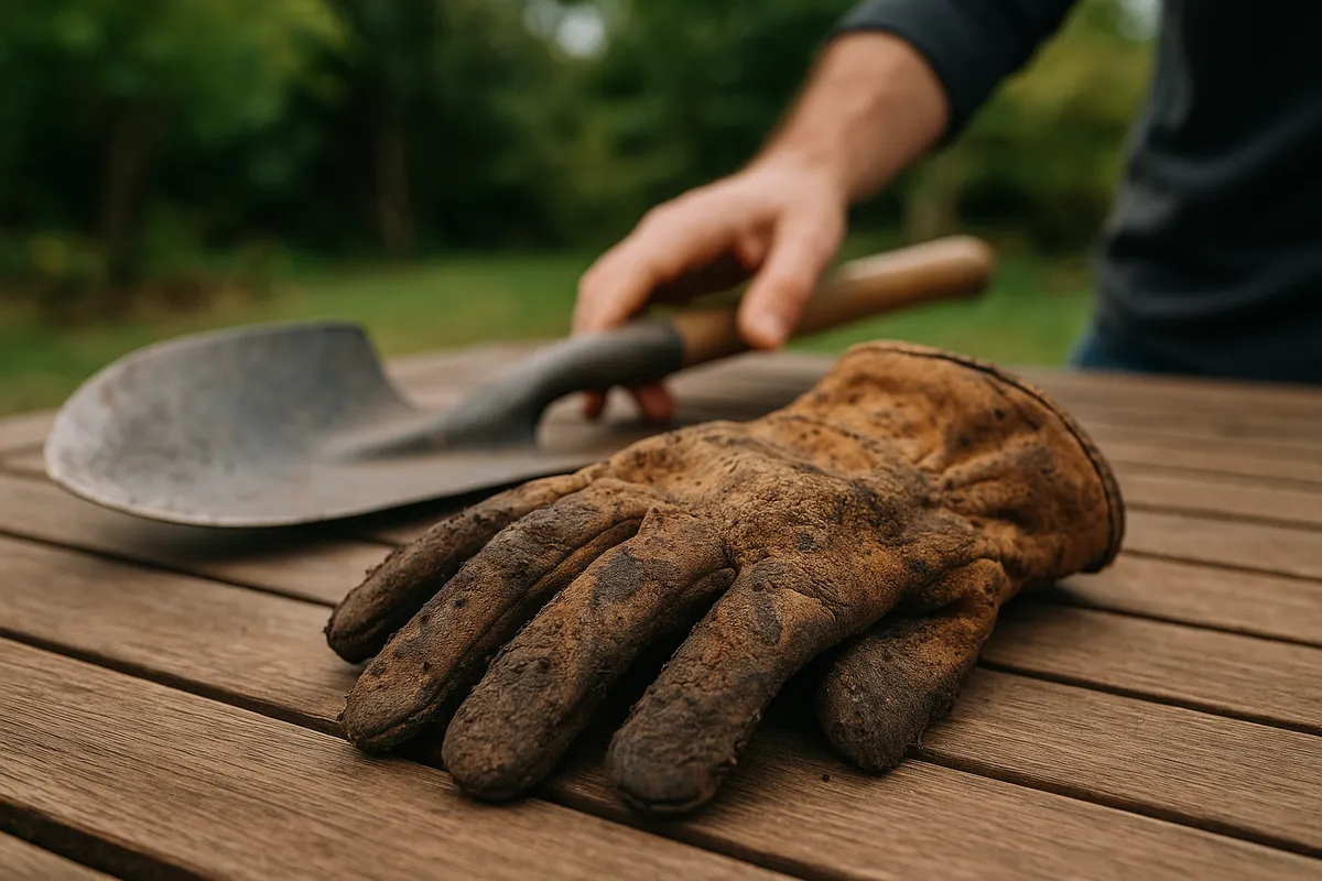 A worn leather work glove with soil smudges rests on a wooden table, with a hand reaching for a gardening spade.