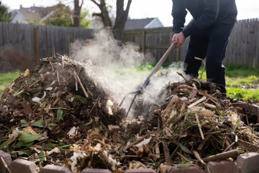 Gardener turning a compost pile with a pitchfork on a sunny day, illustrating backyard cleanup challenges.