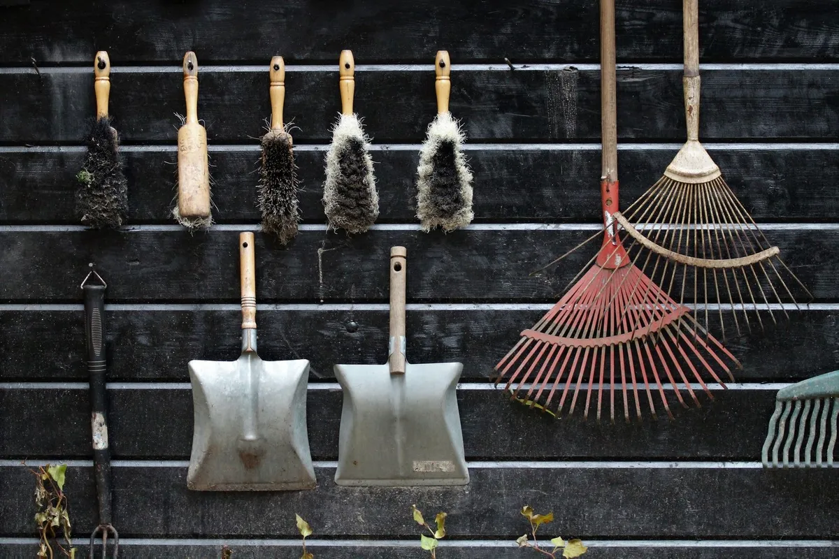 Garden tools neatly arranged on a rustic wooden wall, symbolizing the organization needed for backyard cleanup.